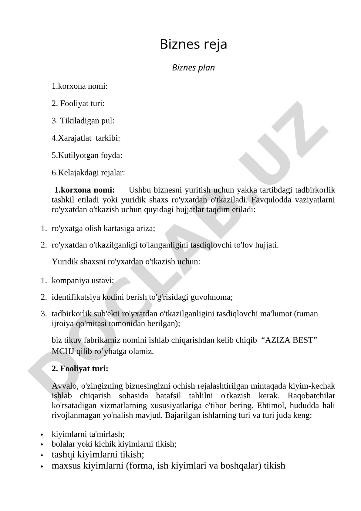 AZIZA BEST MCHJ tikuv fabrikasi biznes rejasi