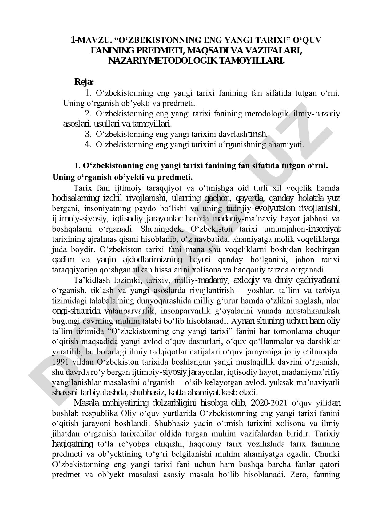 O‘ZBEKISTONNING ENG YANGI TARIXI O‘QUV FANINING PREDMETI, MAQSADI VA VAZIFALARI, NAZARIYMETODOLOGIK TAMOYILLARI