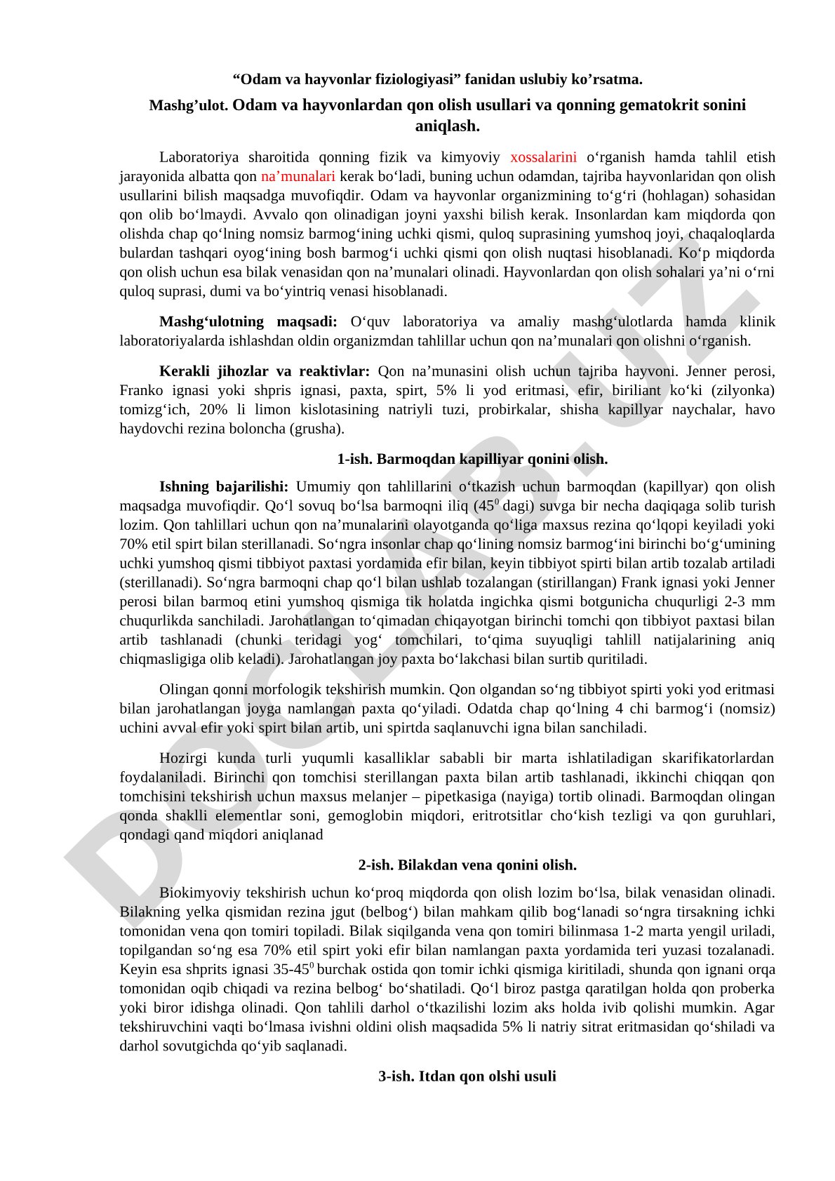 Odam va hayvonlardan qon olish usullari va qonning gematokrit sonini aniqlash