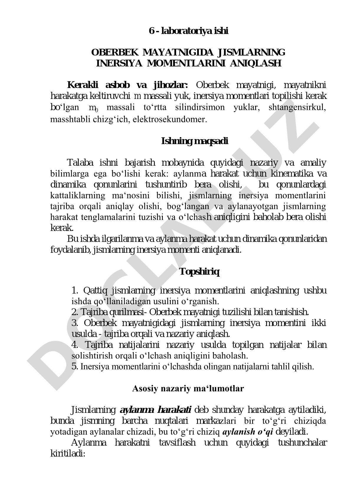 Oberbek mayatnigida jismlarning inersiya momentlarini aniqlash