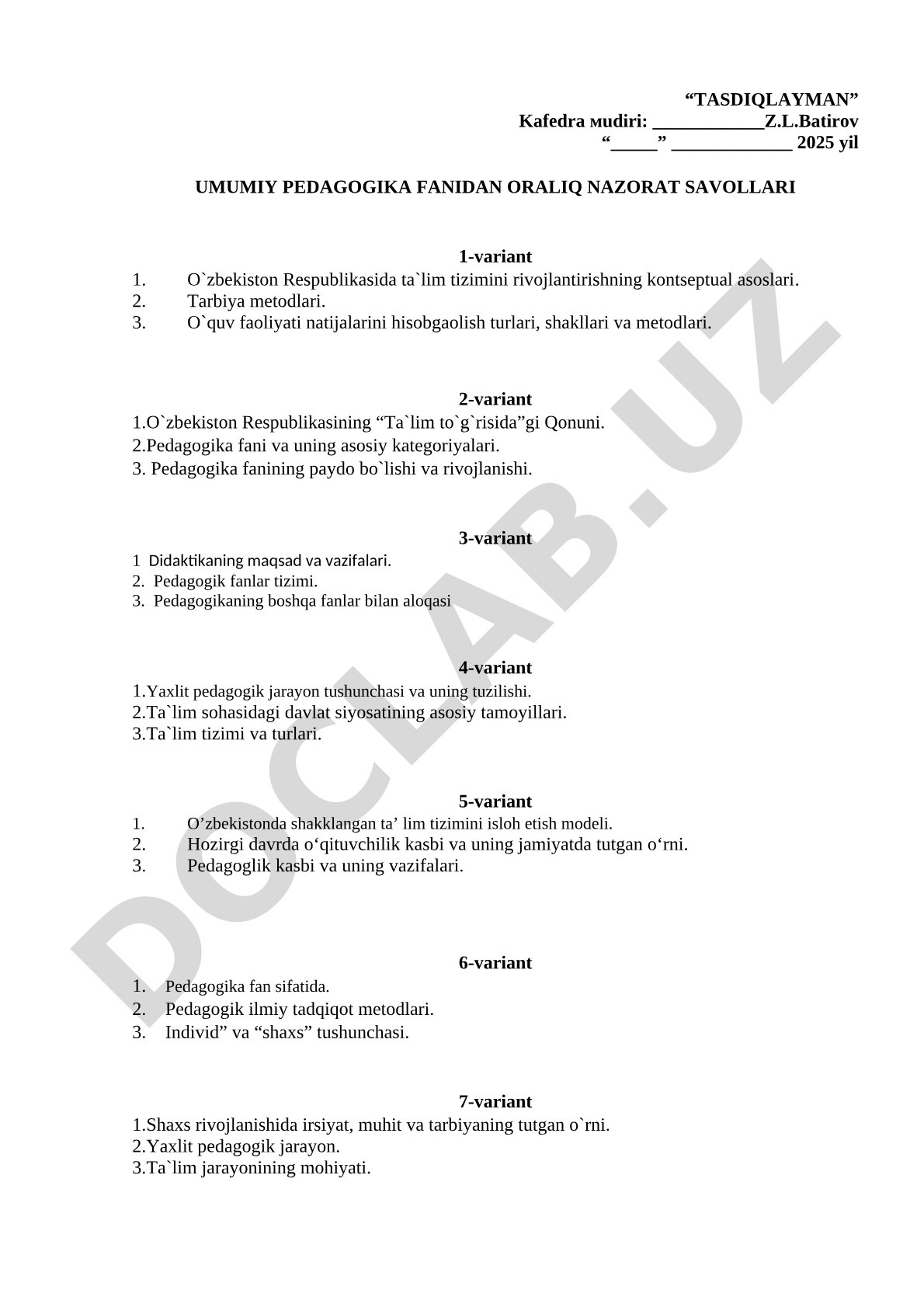 Umumiy pedagogika fanidan oraliq nazorat savollari
