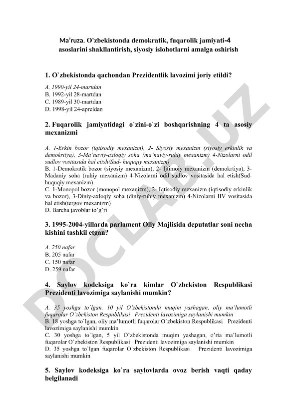 O'zbekistonda demokratik, fuqarolik jamiyati asoslarini shakllantirish va siyosiy islohotlar
