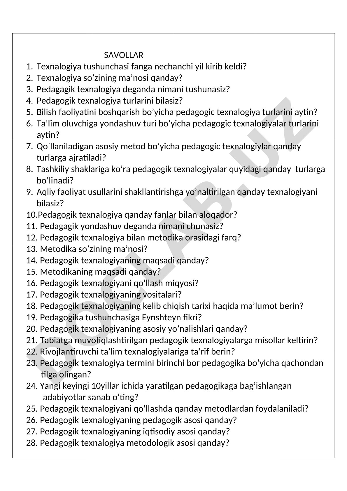 Pedagogik texnologiya bo'yicha savollar