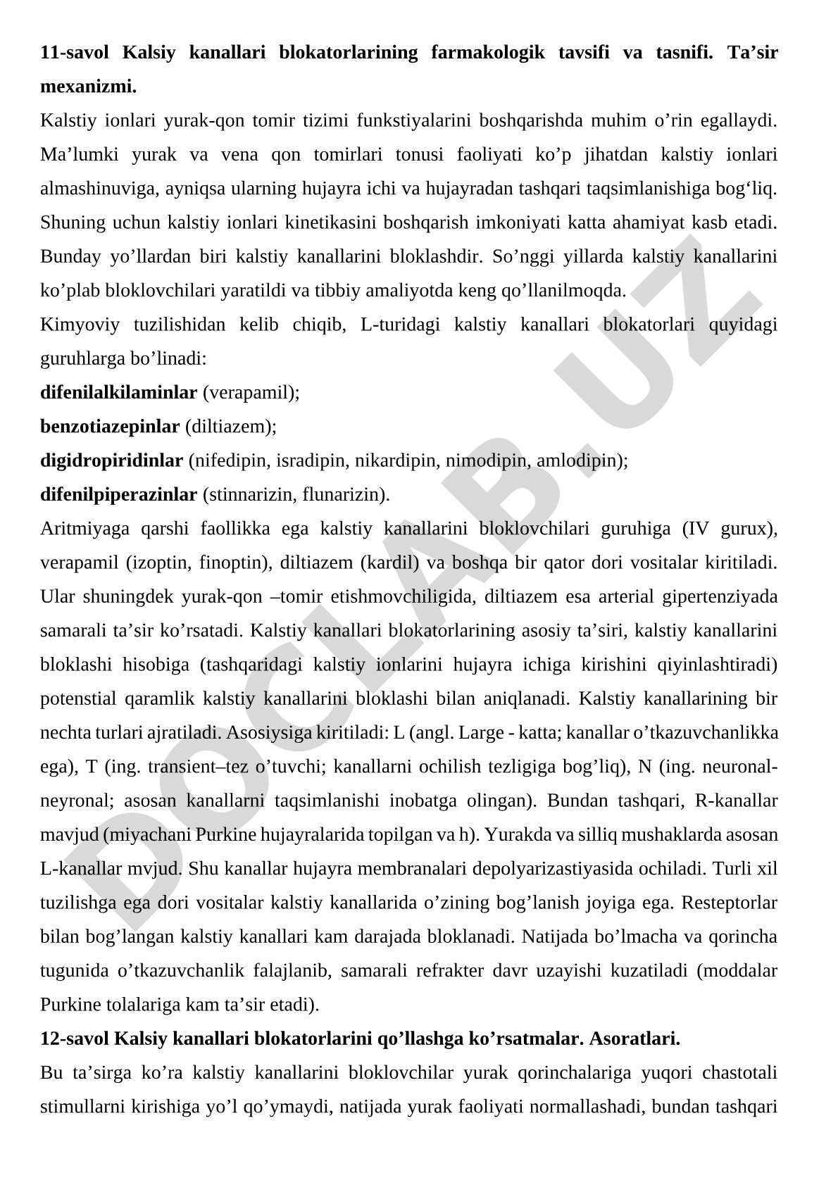 Kalsiy kanallari blokatorlarining farmakologik tavsifi va tasnifi. Ta’sir mexanizmi.