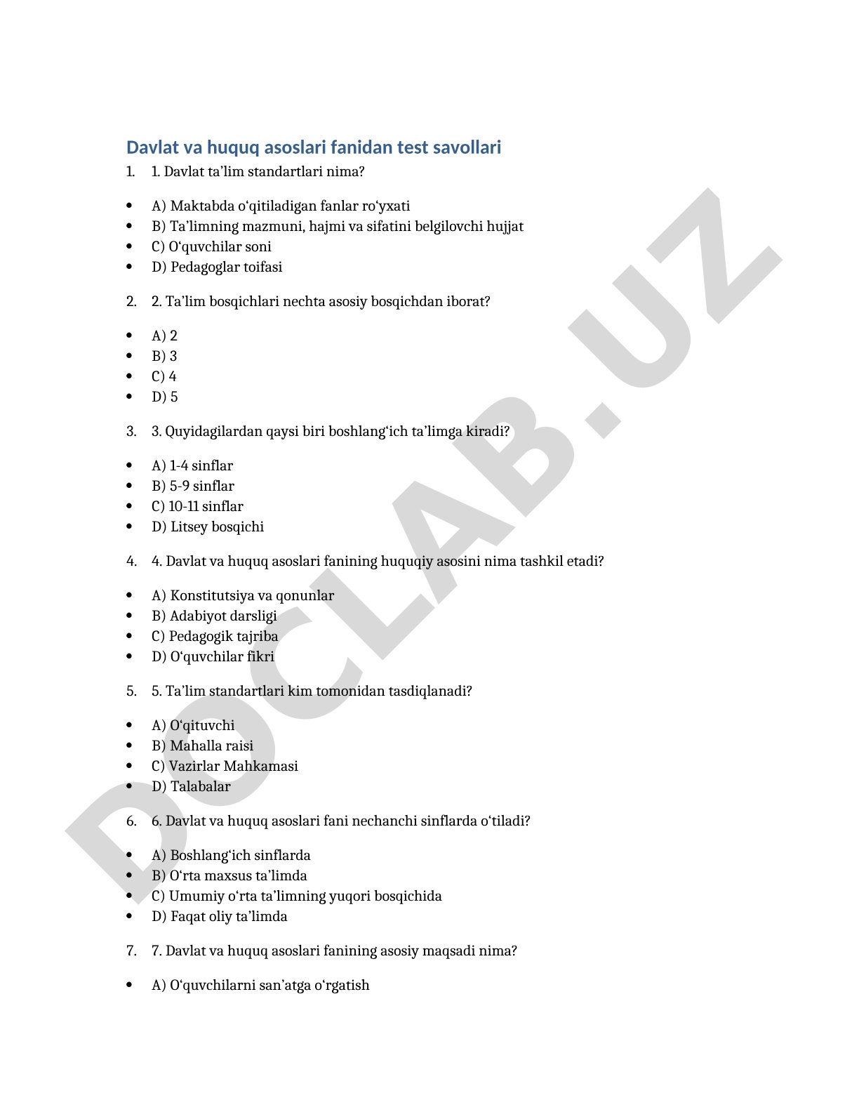 Davlat va huquq asoslari fanidan test savollari