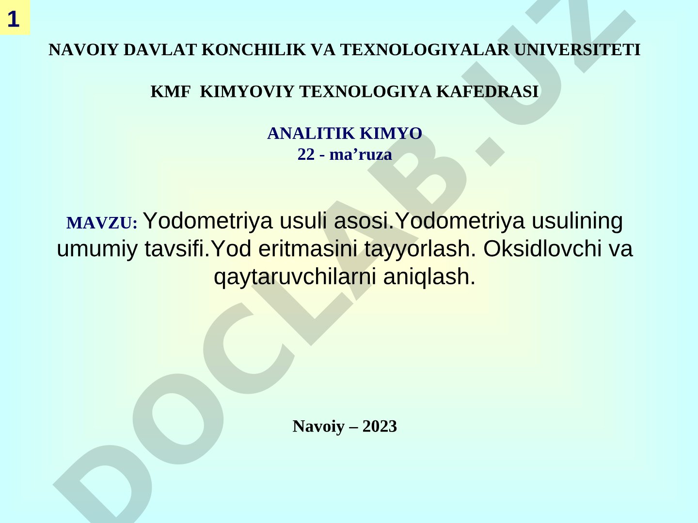 Yodometriya usuli asosi, yod eritmasini tayyorlash, oksidlovchi va qaytaruvchilarni