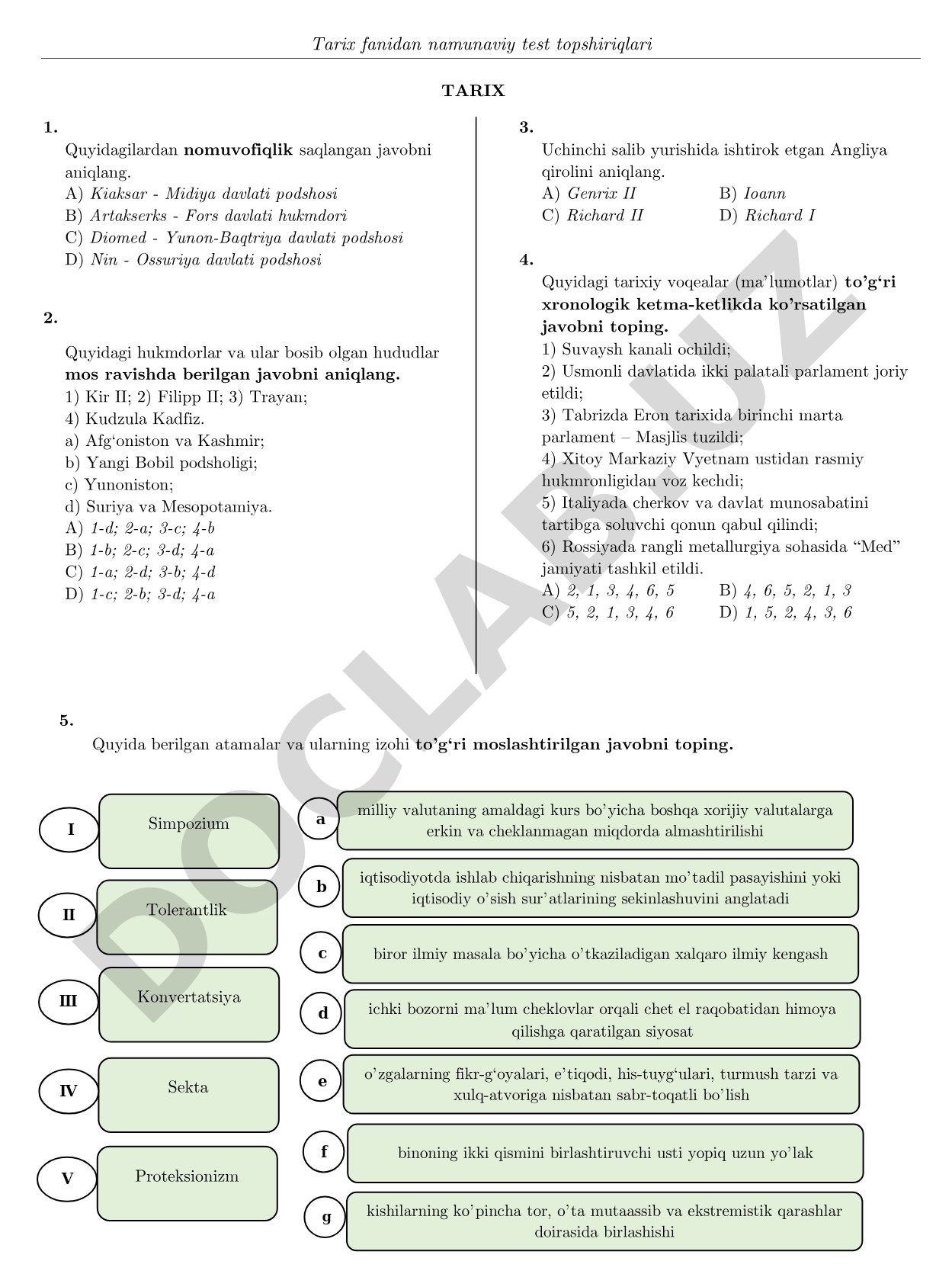 Tarix fanidan namunaviy test topshiriqlari