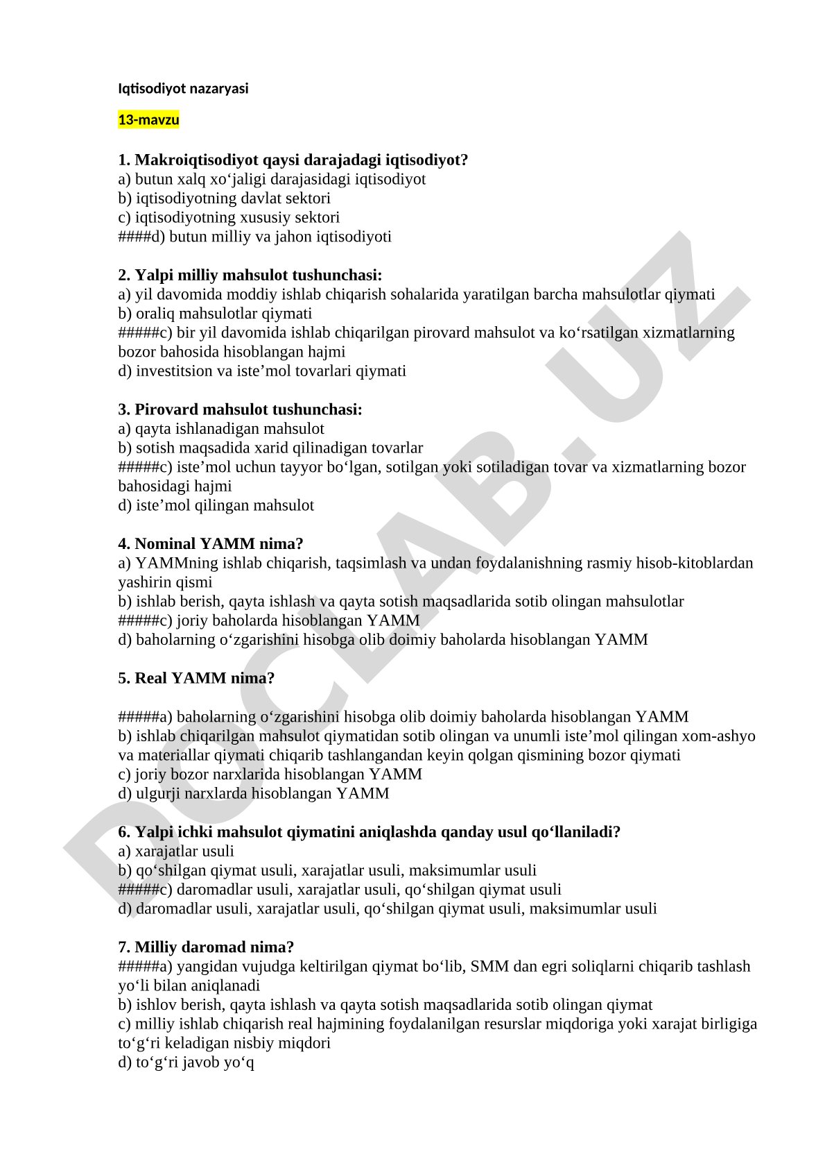Makroiqtisodiyot bo'yicha test savollari
