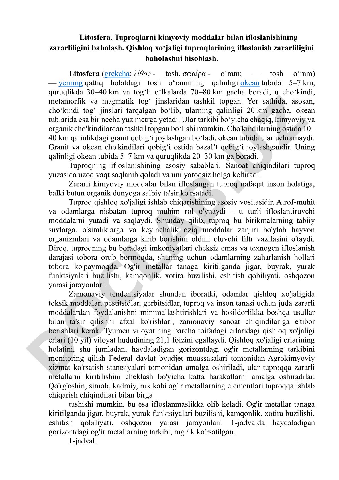 Litosfera. Tuproqlarni kimyoviy moddalar bilan ifloslanishining zararliligini baholash