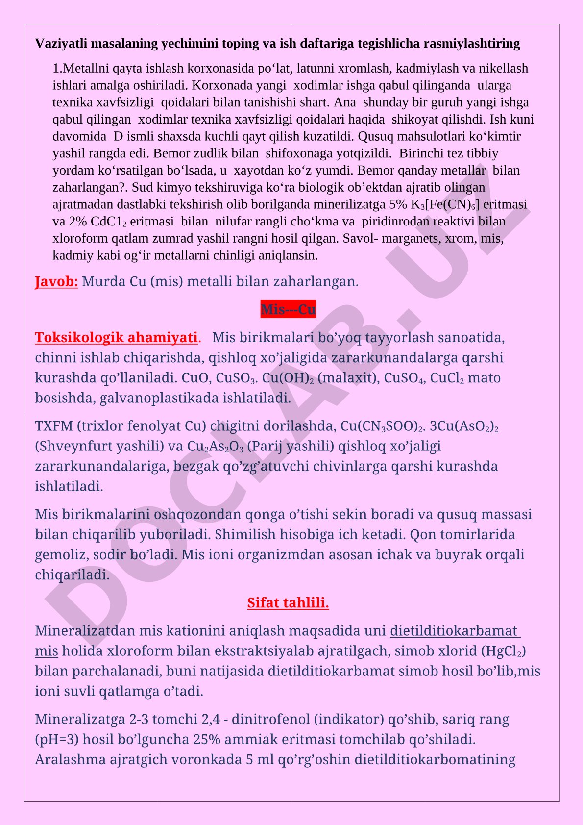 Metallni qayta ishlash korxonasida mis bilan zaharlanish holati