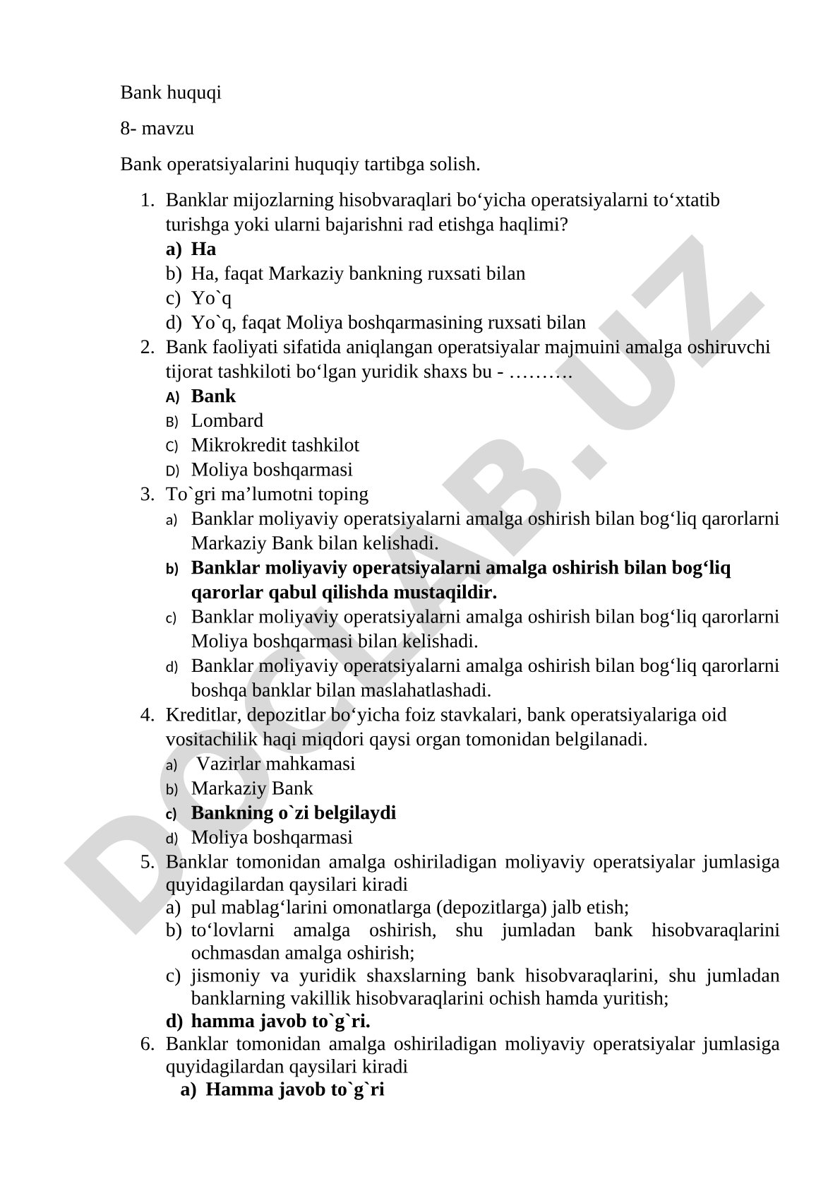 Bank operatsiyalarini huquqiy tartibga solish