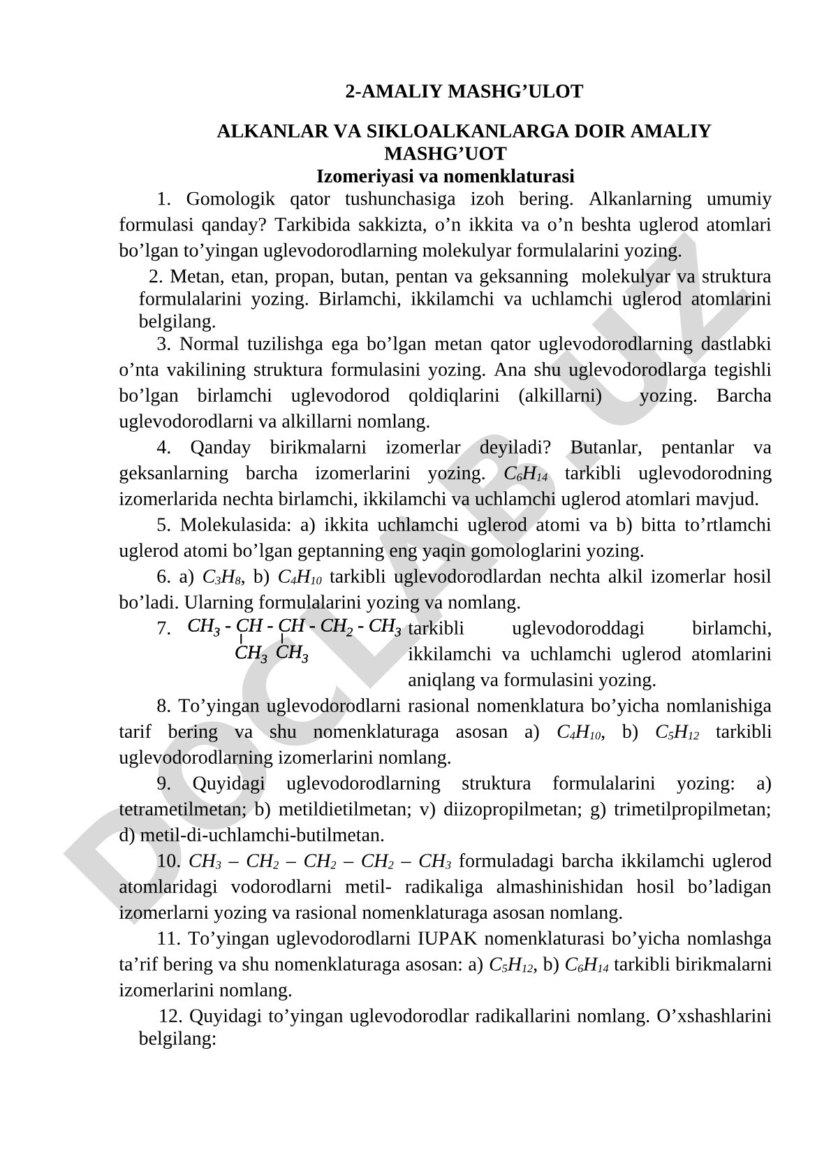 2-AMALIY MASHG’ULOT ALKANLAR VA SIKLOALKANLARGA DOIR AMALIY MASHG’UOT Izomeriyasi va nomenklaturasi
