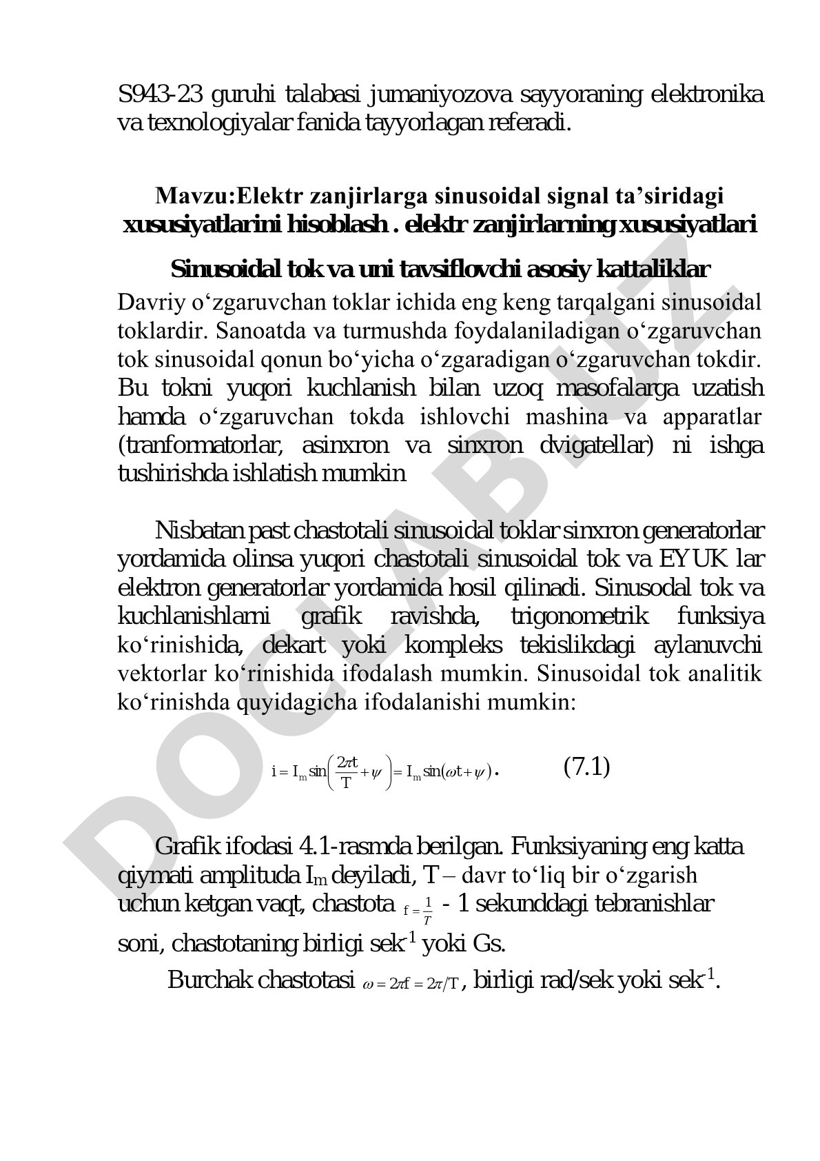 Elektr zanjirlarga sinusoidal signal ta’siridagi xususiyatlarini hisoblash