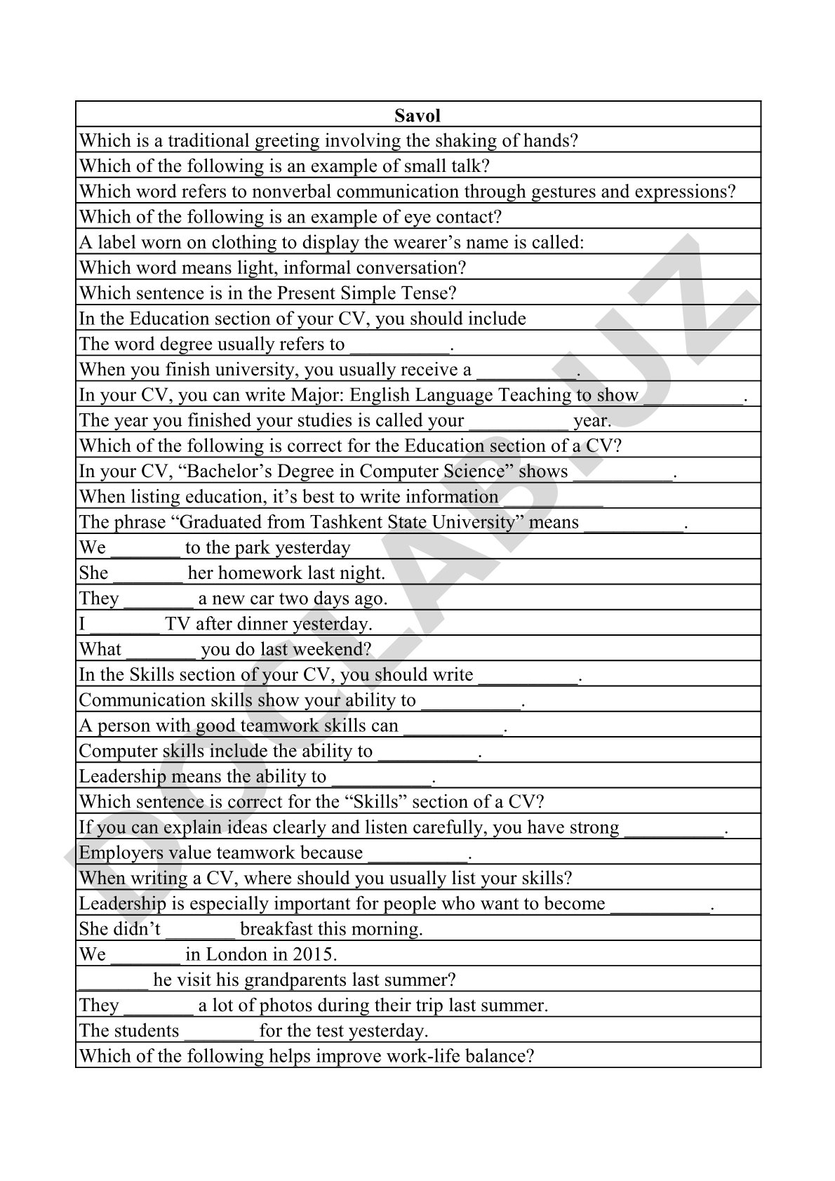 English Language and CV Quiz Questions