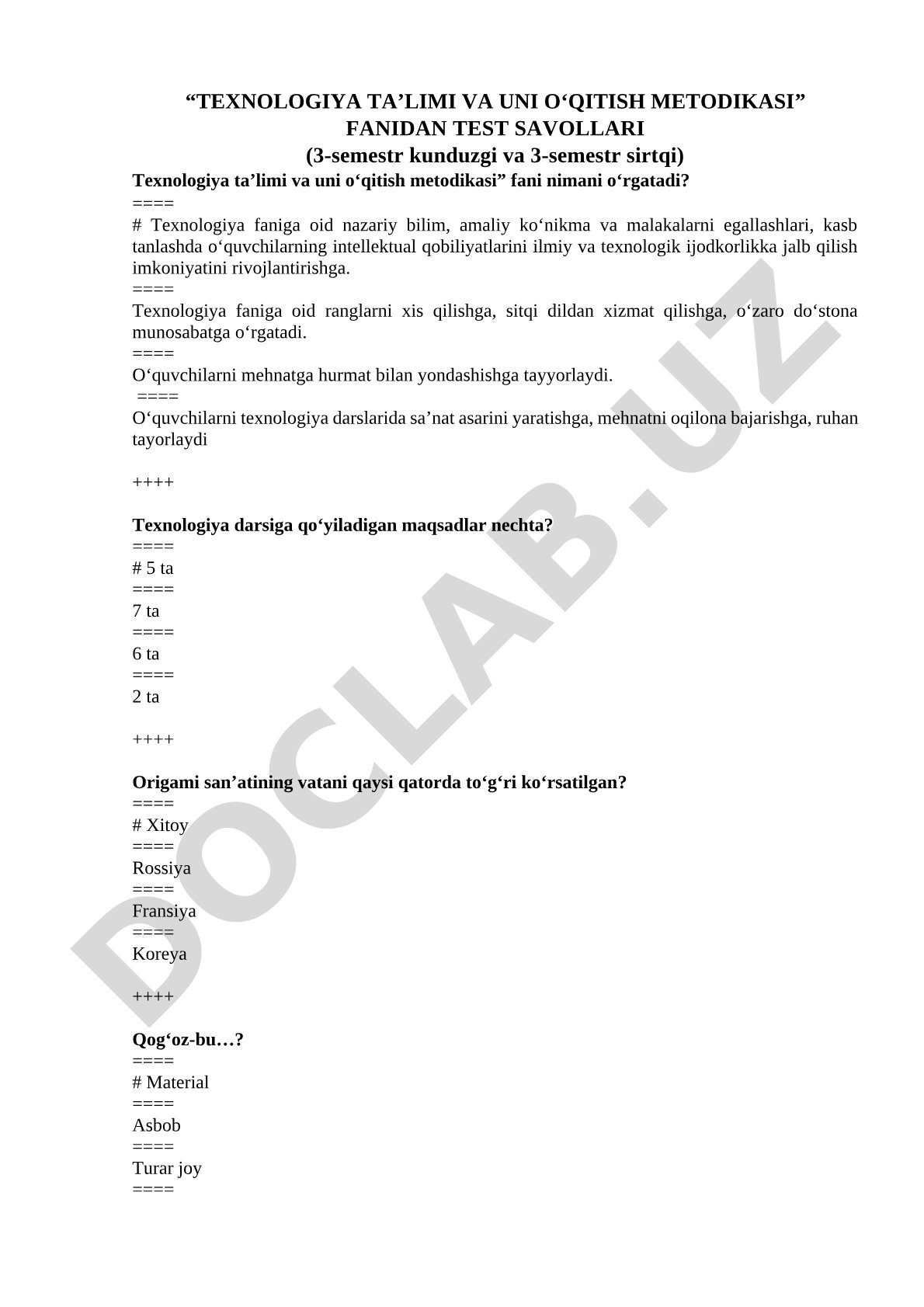 Texnologiya ta'limi va uni o'qitish metodikasi fanidan test savollari