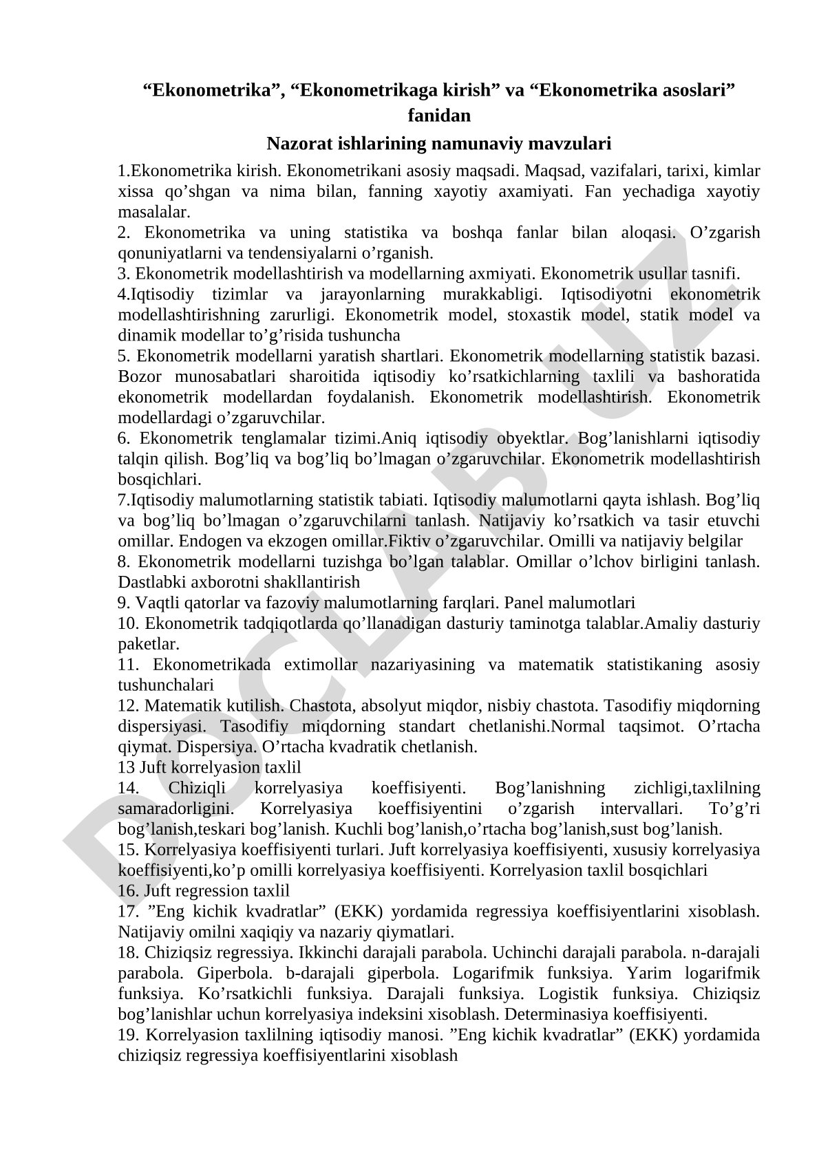 Ekonometrika fanidan nazorat ishlarining namunaviy mavzulari