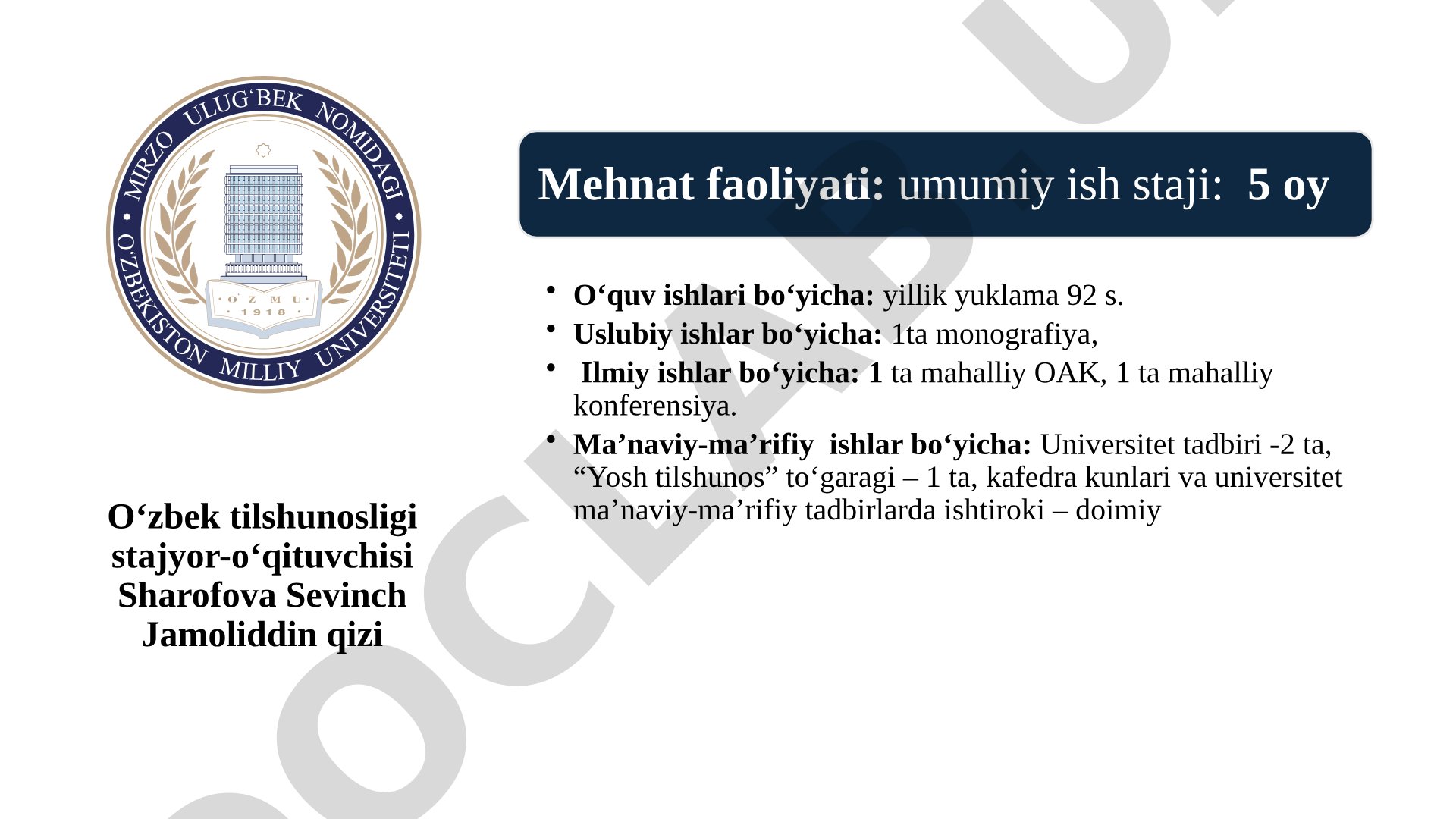 O‘zbek tilshunosligi stajyor-o‘qituvchisi Sharofova Sevinch Jamoliddin qizi