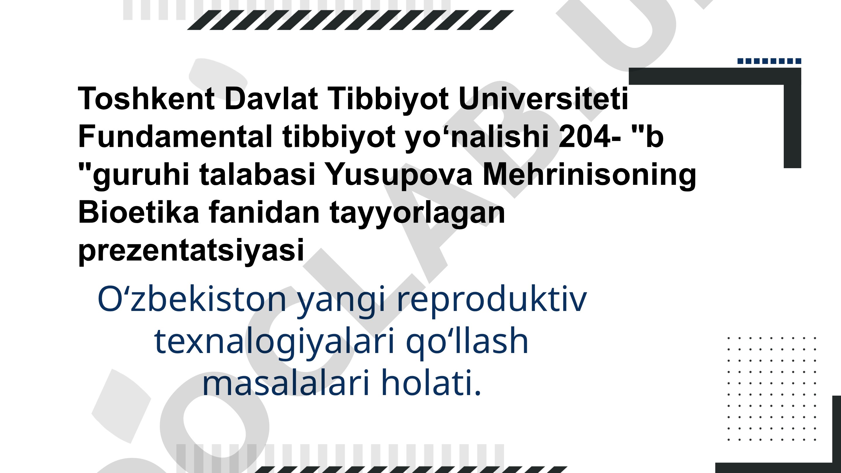 Oʻzbekiston yangi reproduktiv texnalogiyalari qoʻllash masalalari holati