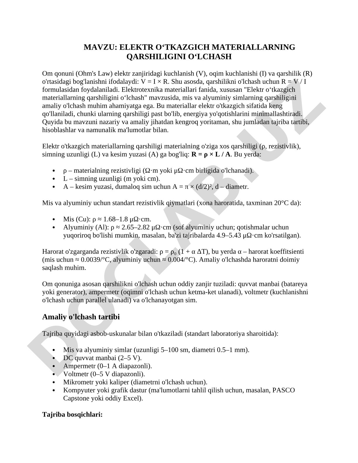 Elektr o'tkazgich materiallarning qarshiligini o'lchash
