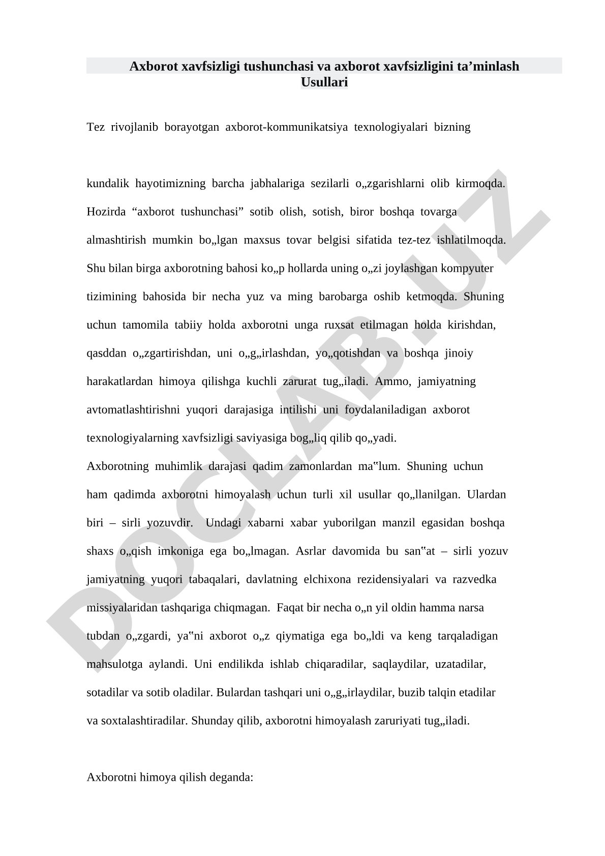 Axborot xavfsizligi tushunchasi va axborot xavfsizligini ta’minlash usullari