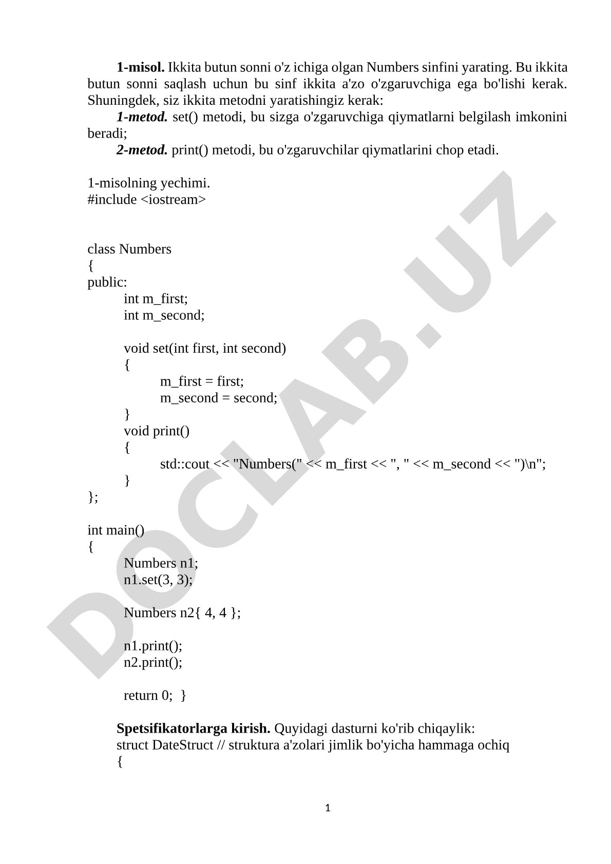 C++ da spetsifikatorlarga kirish
