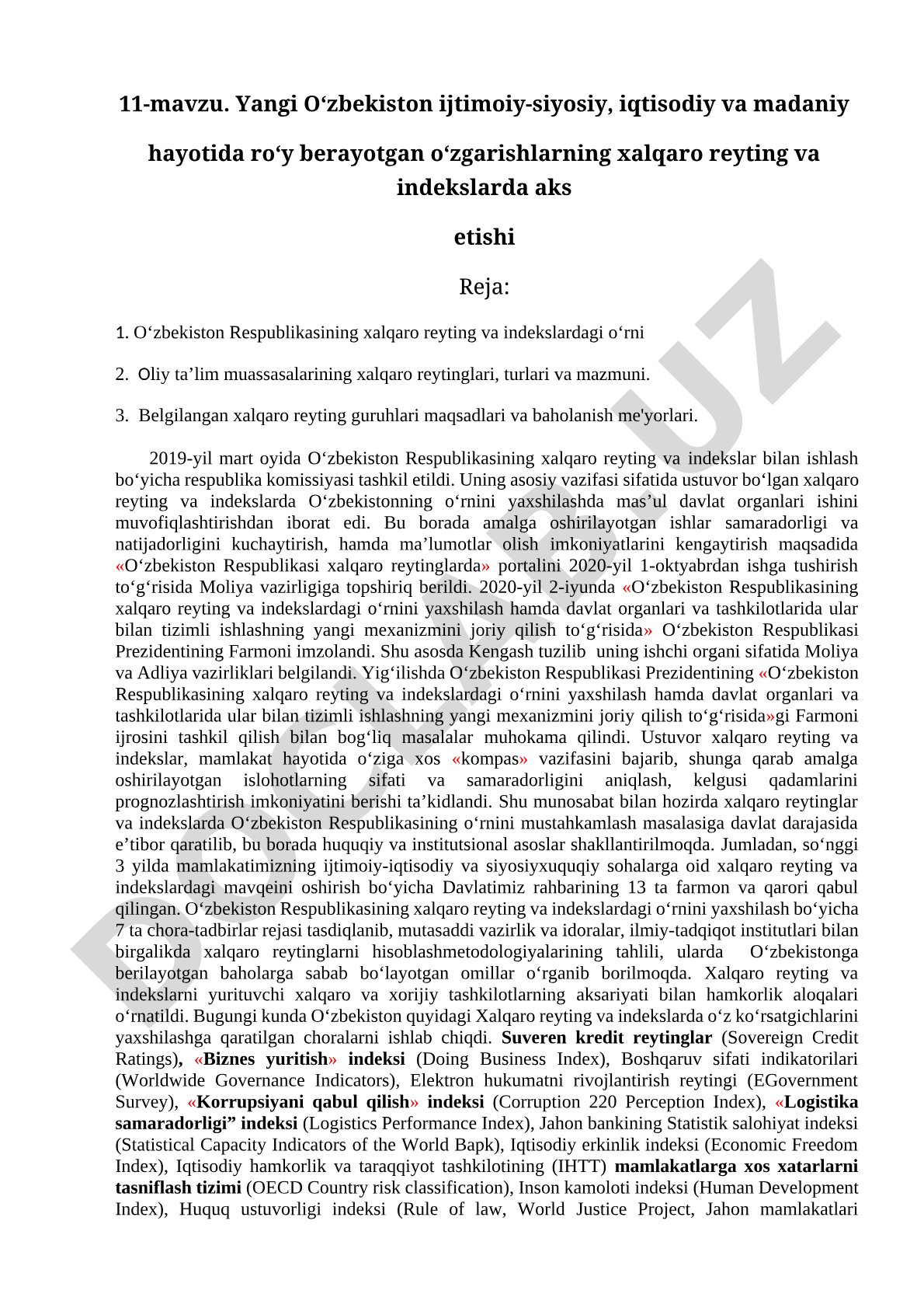 Yangi O‘zbekiston ijtimoiy-siyosiy, iqtisodiy va madaniy hayotida ro‘y berayotgan o‘zgarishlarning xalqaro reyting va indekslarda aks etishi