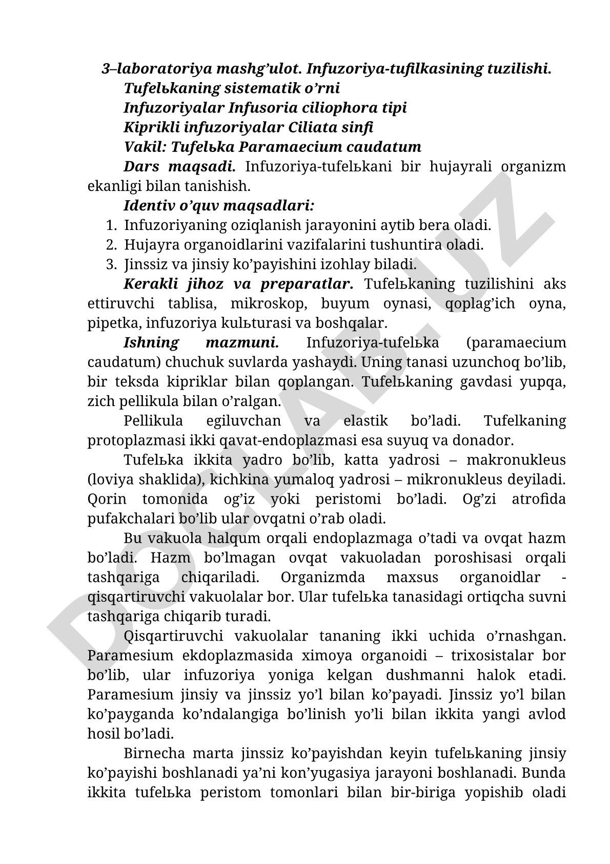 Ushbu laboratoriya ishida infuzoriya-tufilkaning tuzilishi, oziqlanishi va ko'payishi