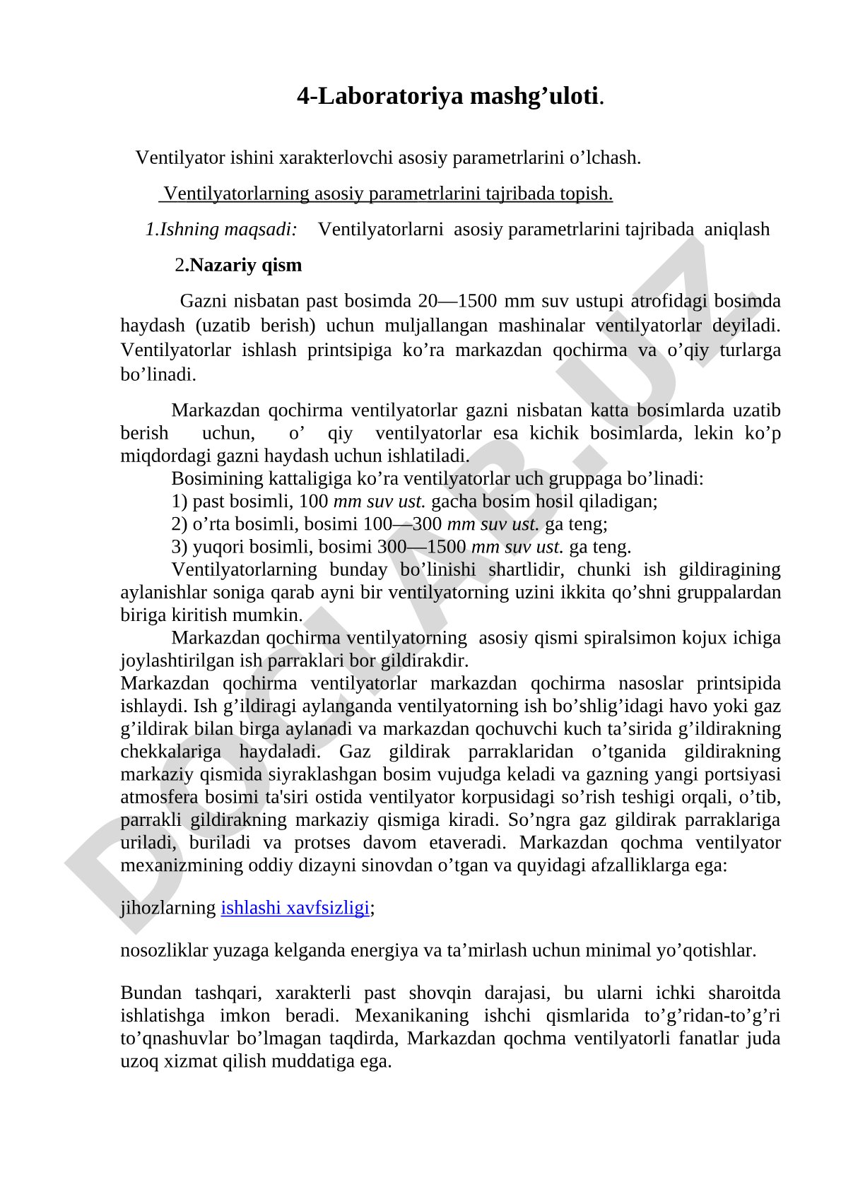 Ventilyator ishini xarakterlovchi asosiy parametrlarini o'lchash
