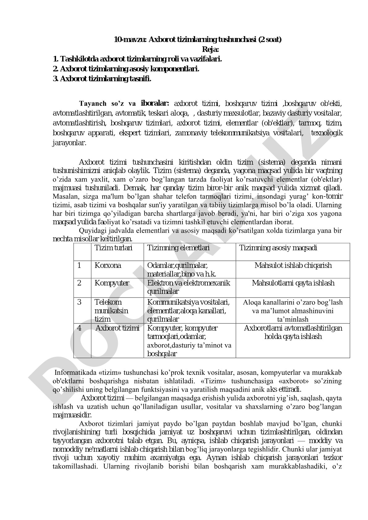 Axborot tizimlari tushunchasi, tizim ta'rifi, komponentlar va tasnif haqida ma'ruza matni