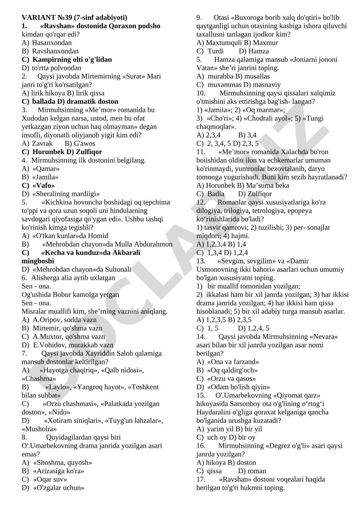 7-sinf adabiyoti bo'yicha test savollari