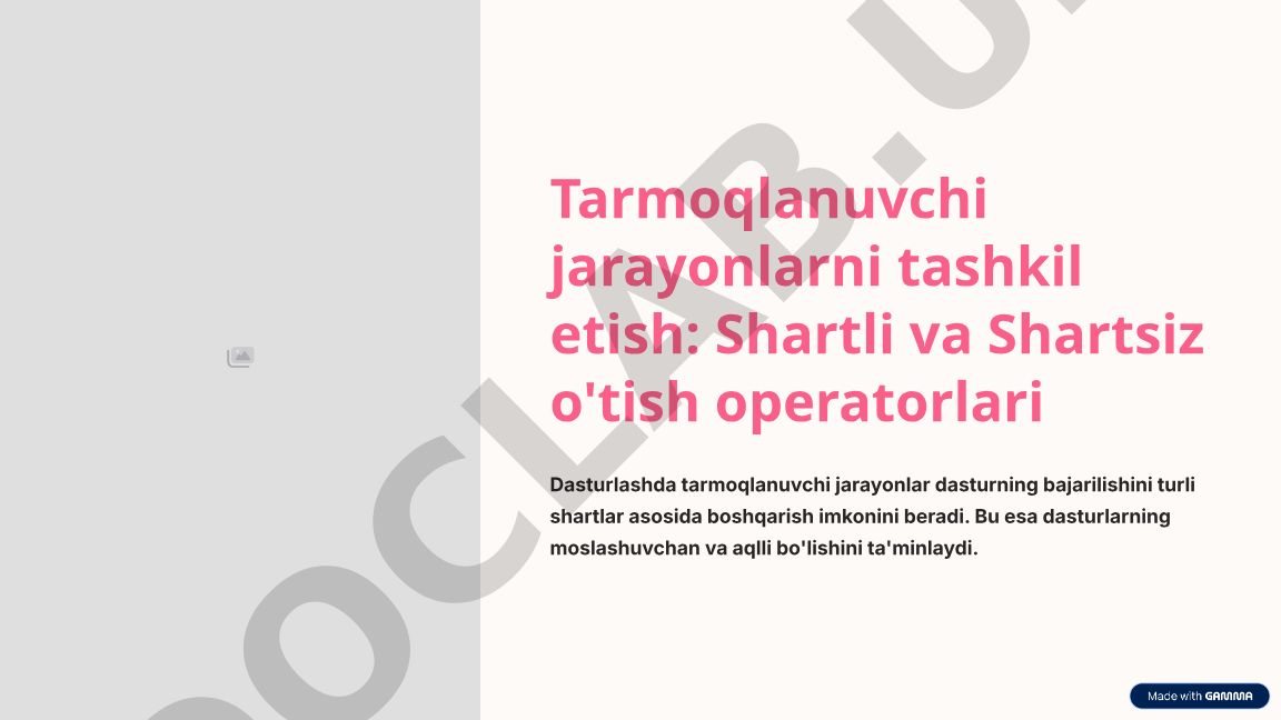 Tarmoqlanuvchi jarayonlarni tashkil etish: Shartli va Shartsiz o'tish operatorlari