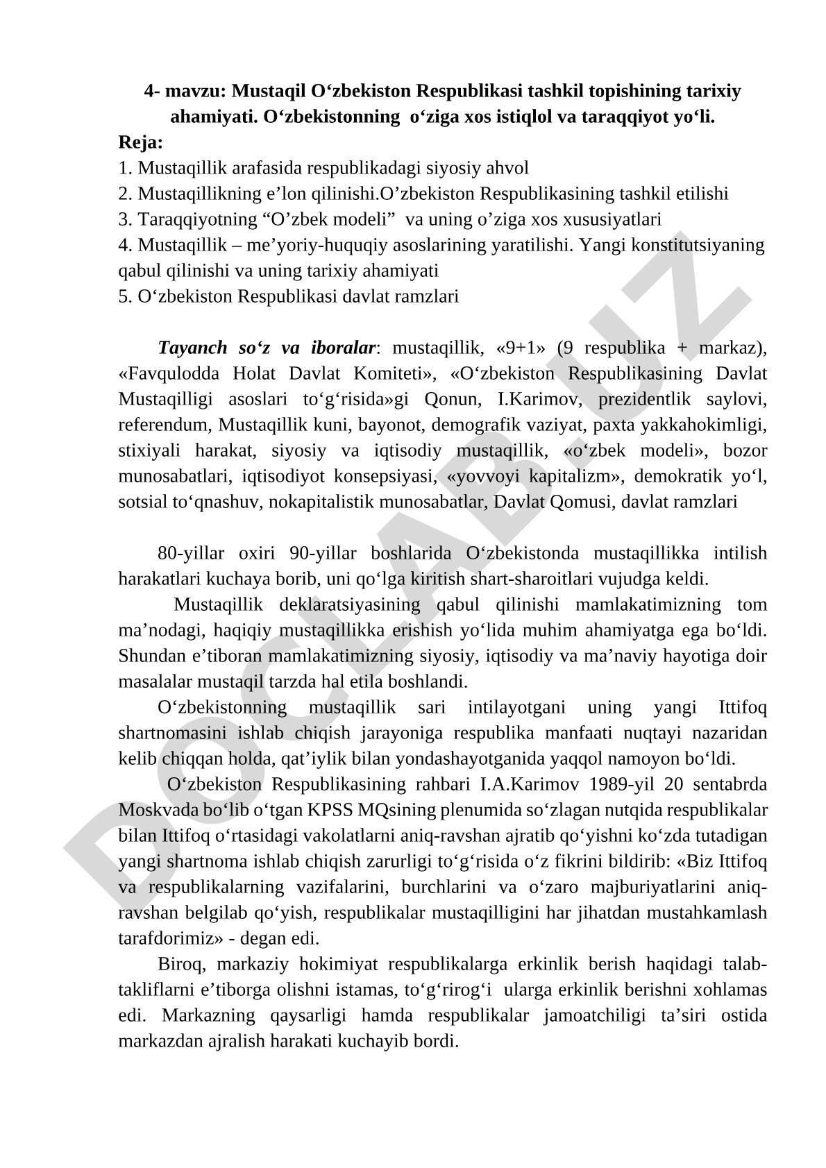 Mustaqil O‘zbekiston Respublikasi tashkil topishining tarixiy ahamiyati