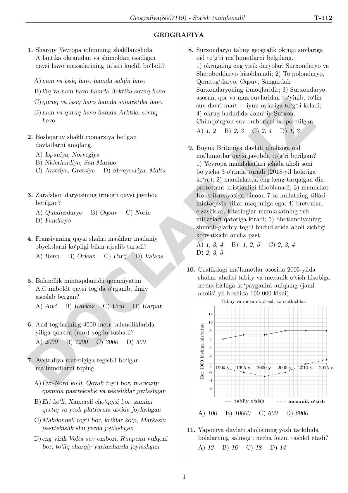 Geografiya fanidan test savollari