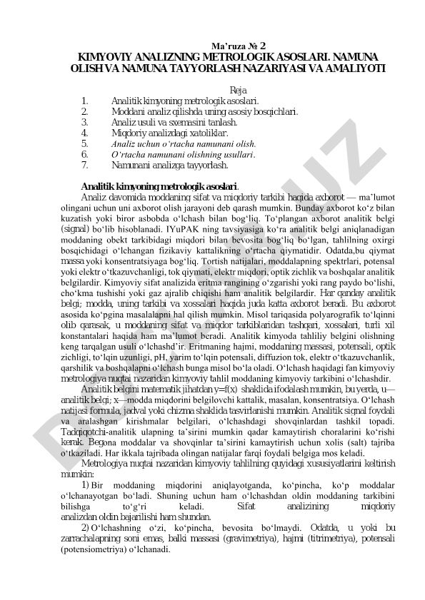 Kimyoviy analizning metrologik asoslari va namunani tayyorlash