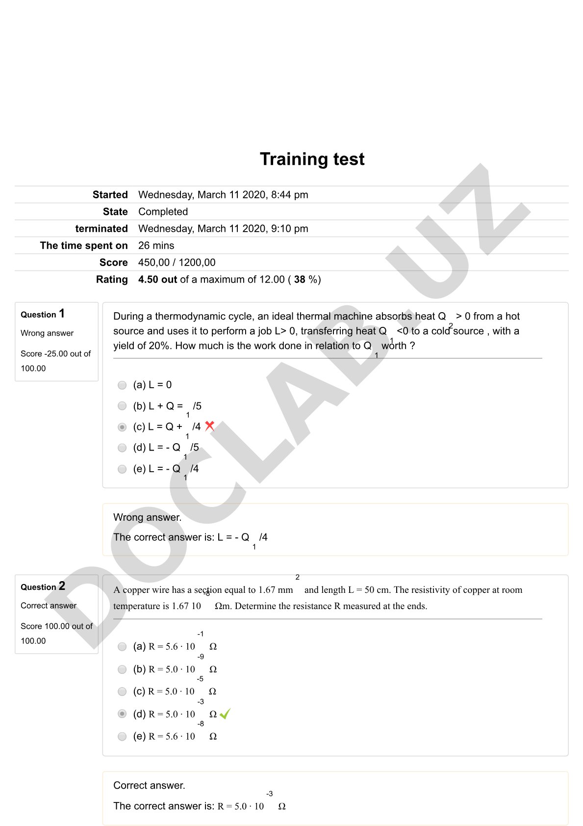 Thermodynamic cycle and copper wire resistance test