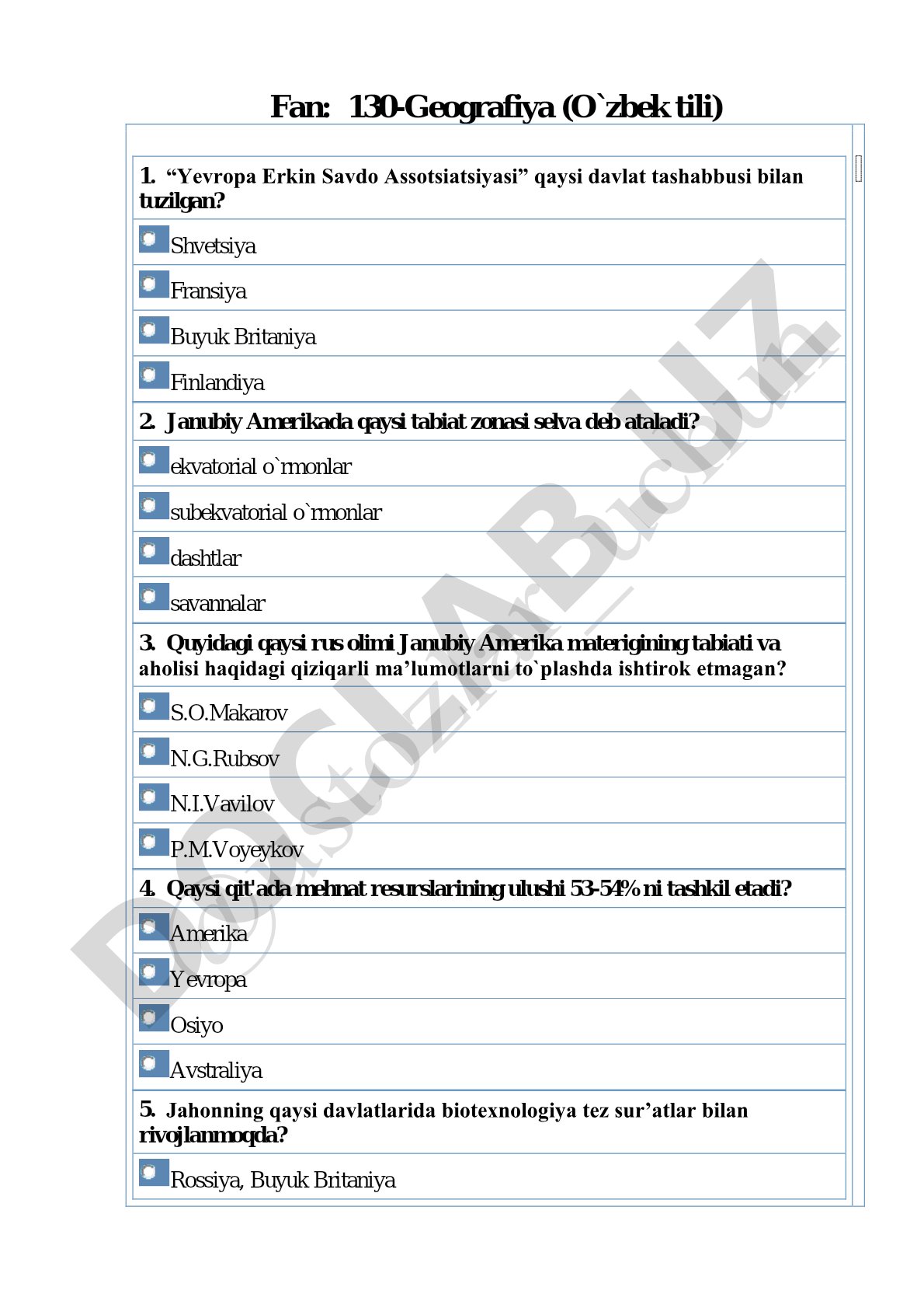 Geografiya fanidan test savollari (8 ta savol)