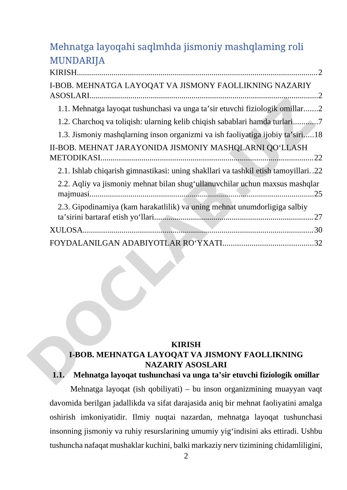 Mehnatga layoqatni saqlashda jismoniy mashqlarning roli