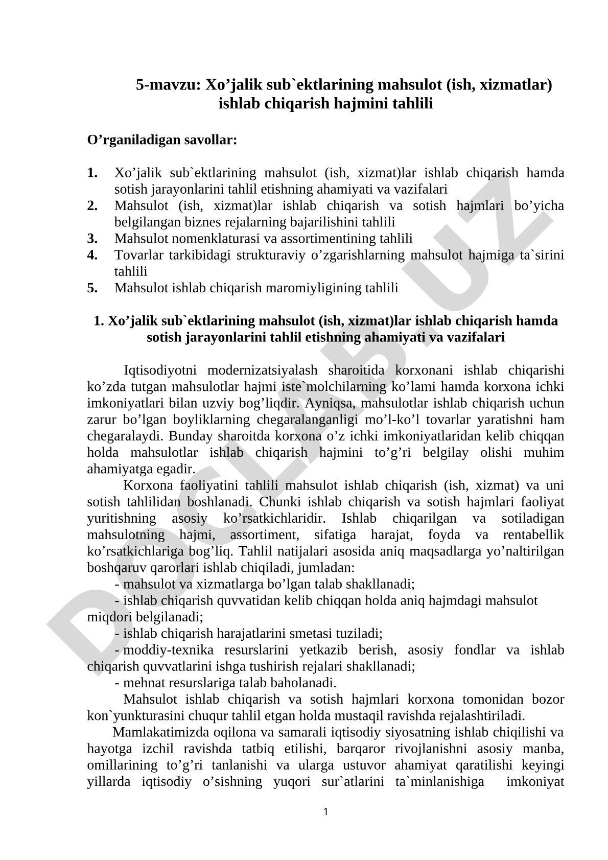 Xo’jalik sub’ektlarining mahsulot (ish, xizmatlar) ishlab chiqarish hajmini tahlili