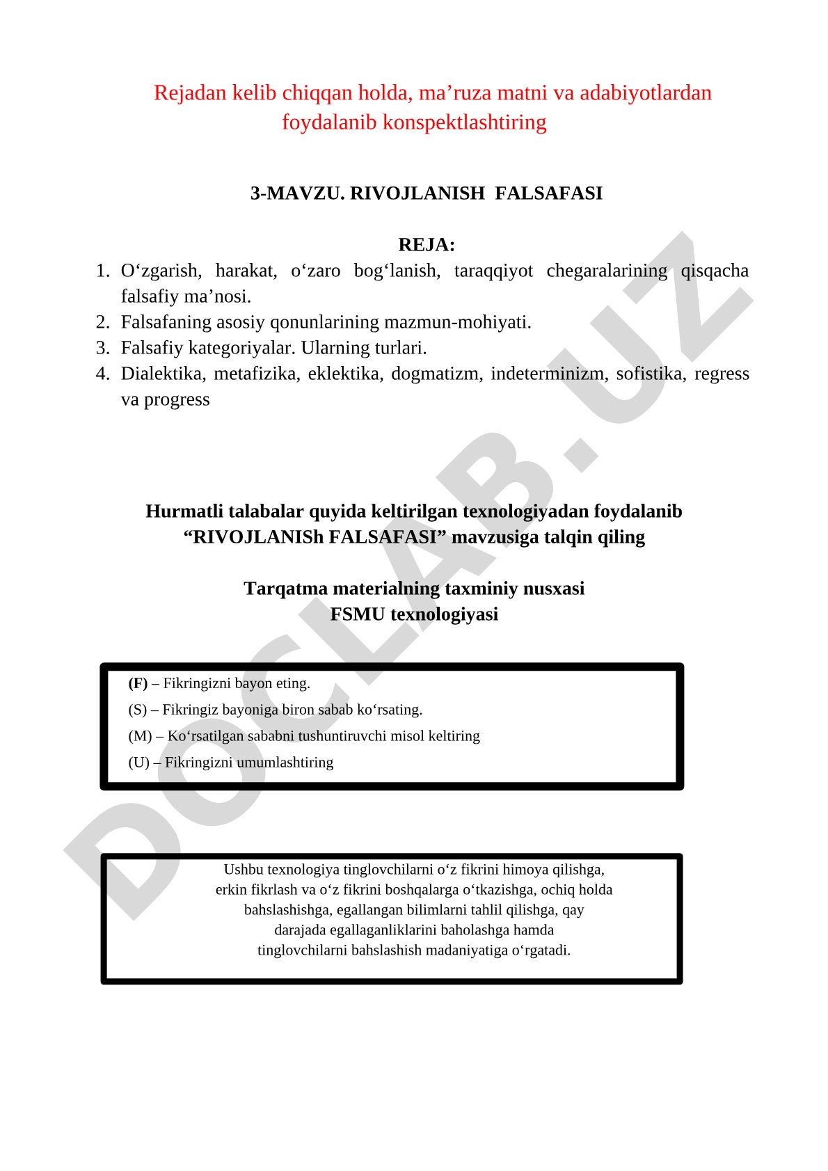 O'zgarish, harakat, taraqqiyot, falsafiy qonunlar va kategoriyalar haqida ma'ruza matni