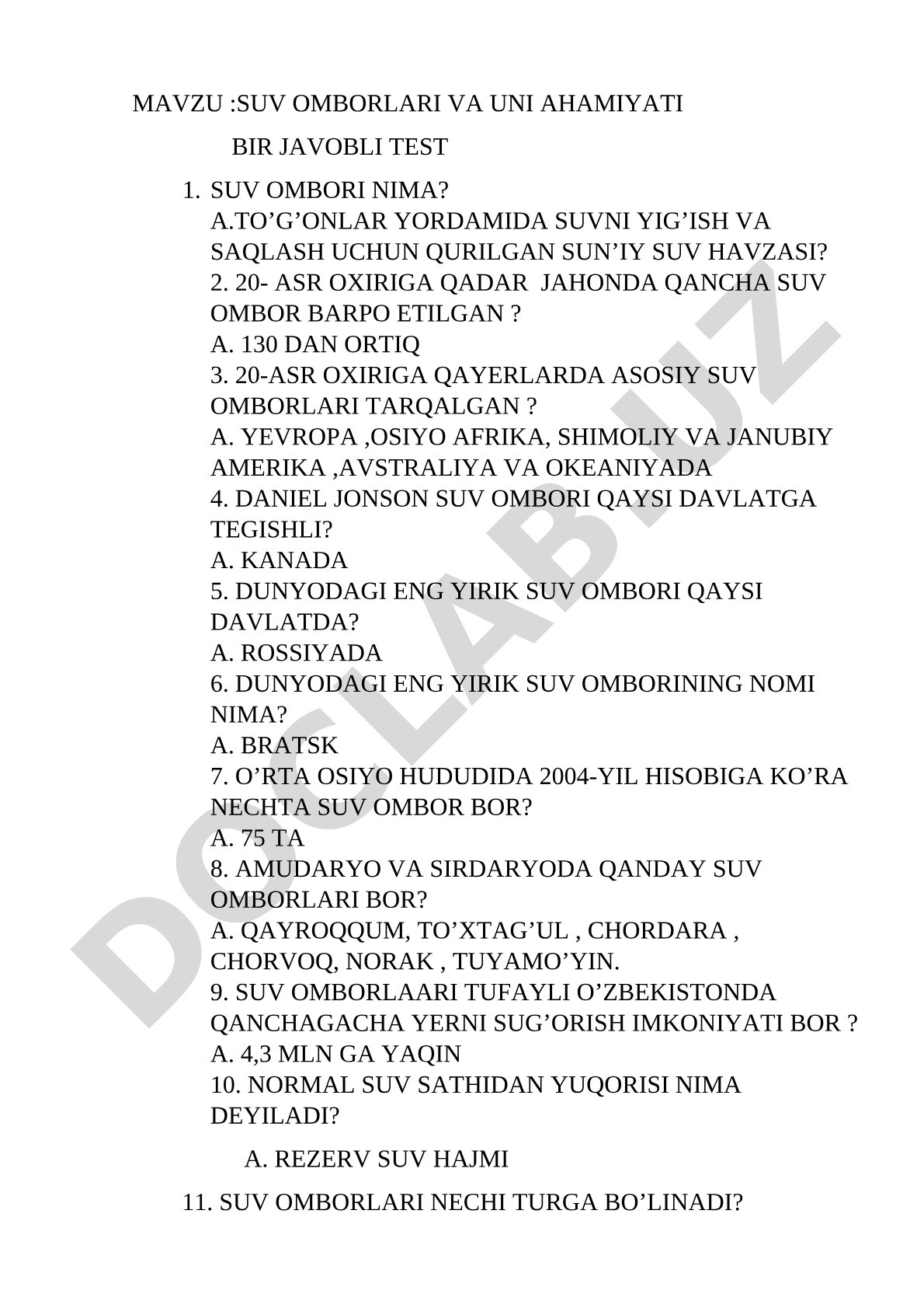 SUV OMBORLARI VA UNI AHAMIYATI BIR JAVOBLI TEST