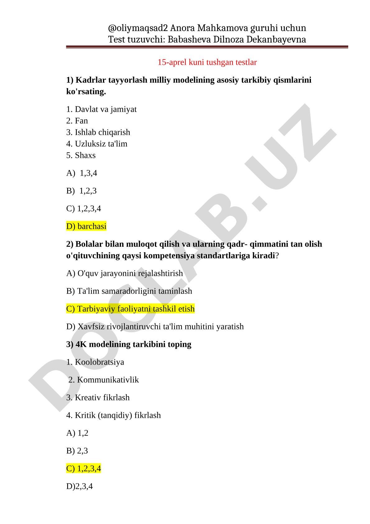 Kadrlar tayyorlash milliy modeli va pedagogik kompetensiyalar bo'yicha testlar