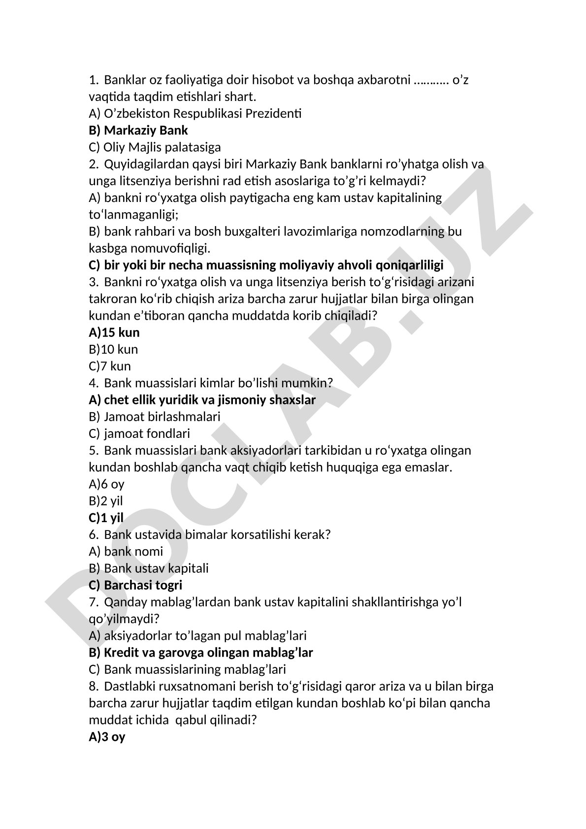 Bank faoliyatiga oid test savollari
