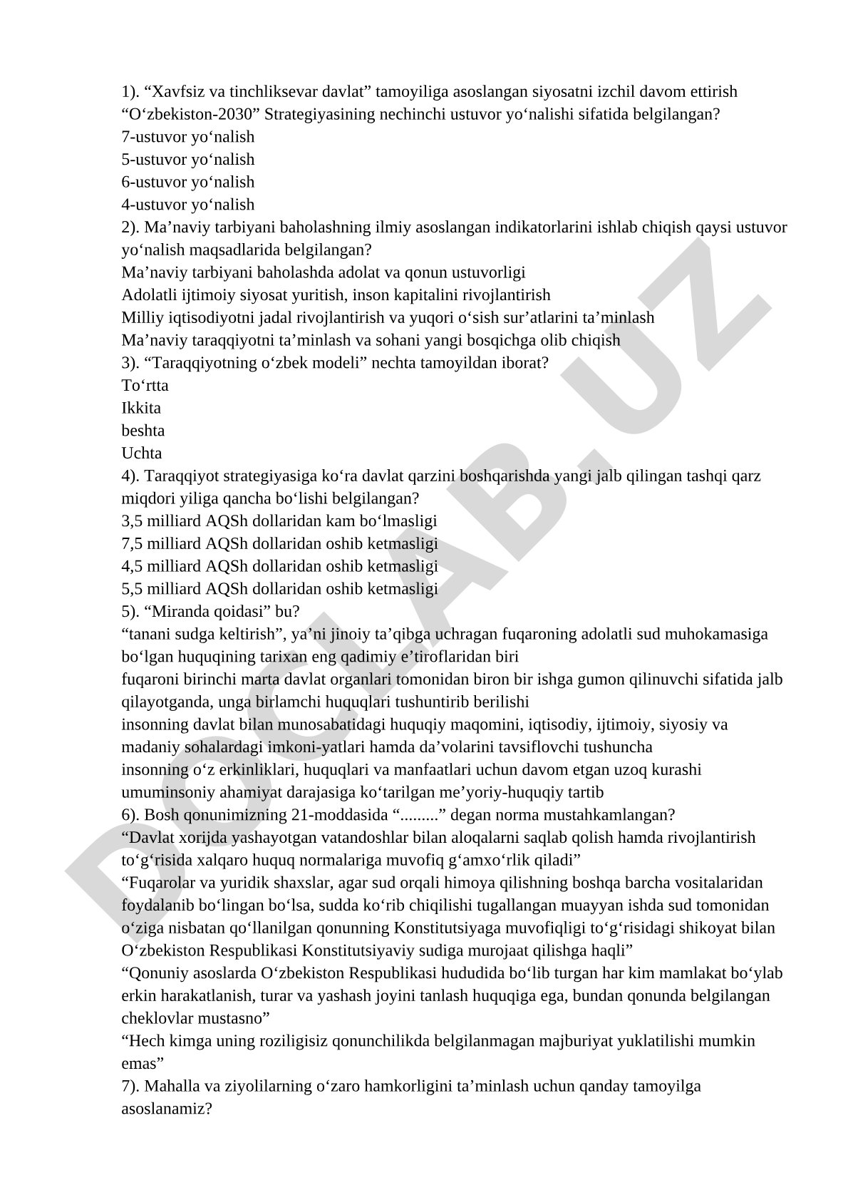 O‘zbekiston-2030 strategiyasi va taraqqiyot modeli savollari