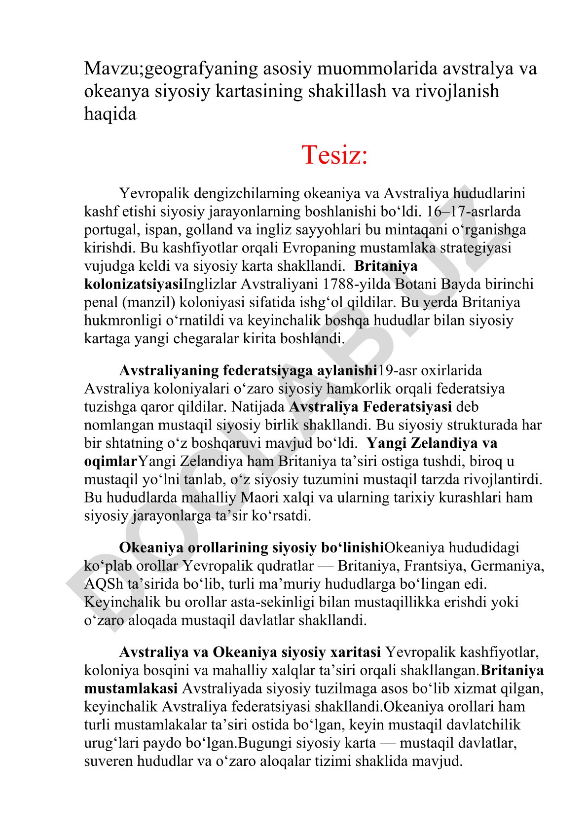 Geografiyaning asosiy muommolarida Avstraliya va Okeaniya siyosiy kartasining shakillanishi va rivojlanishi