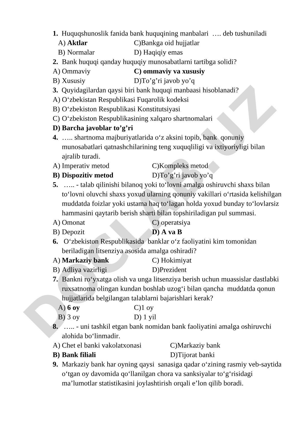 Bank huquqi fanidan test savollari
