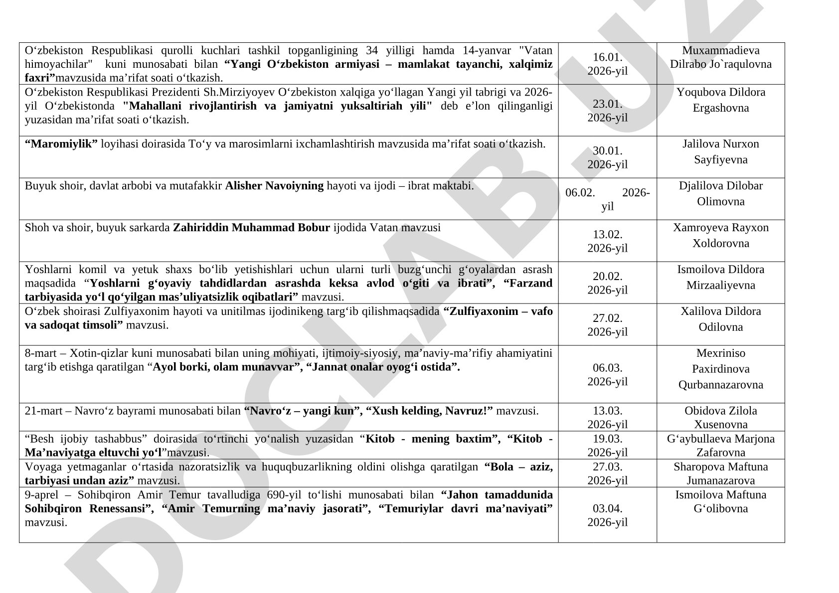 2026-yil uchun ma'rifat soati tadbirlari rejasi