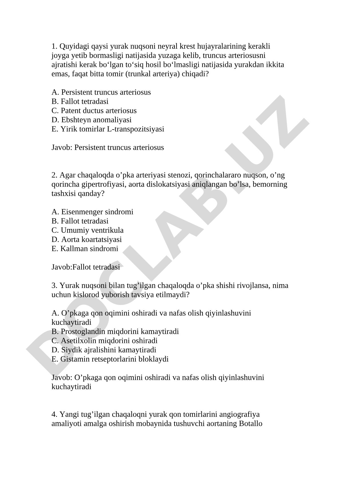 Tug'ma yurak nuqsonlari bo'yicha test savollari