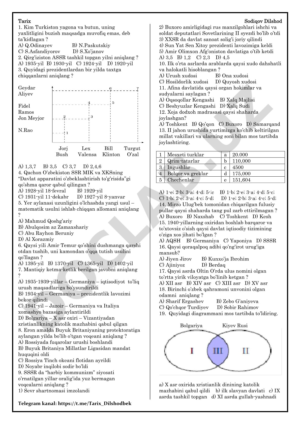 Tarix fanidan test savollari