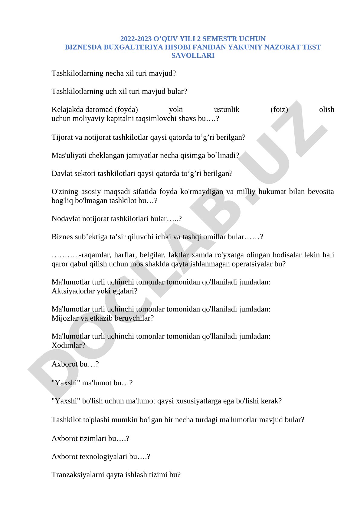 Biznesda buxgalteriya hisobi fanidan yakuniy nazorat test savollari