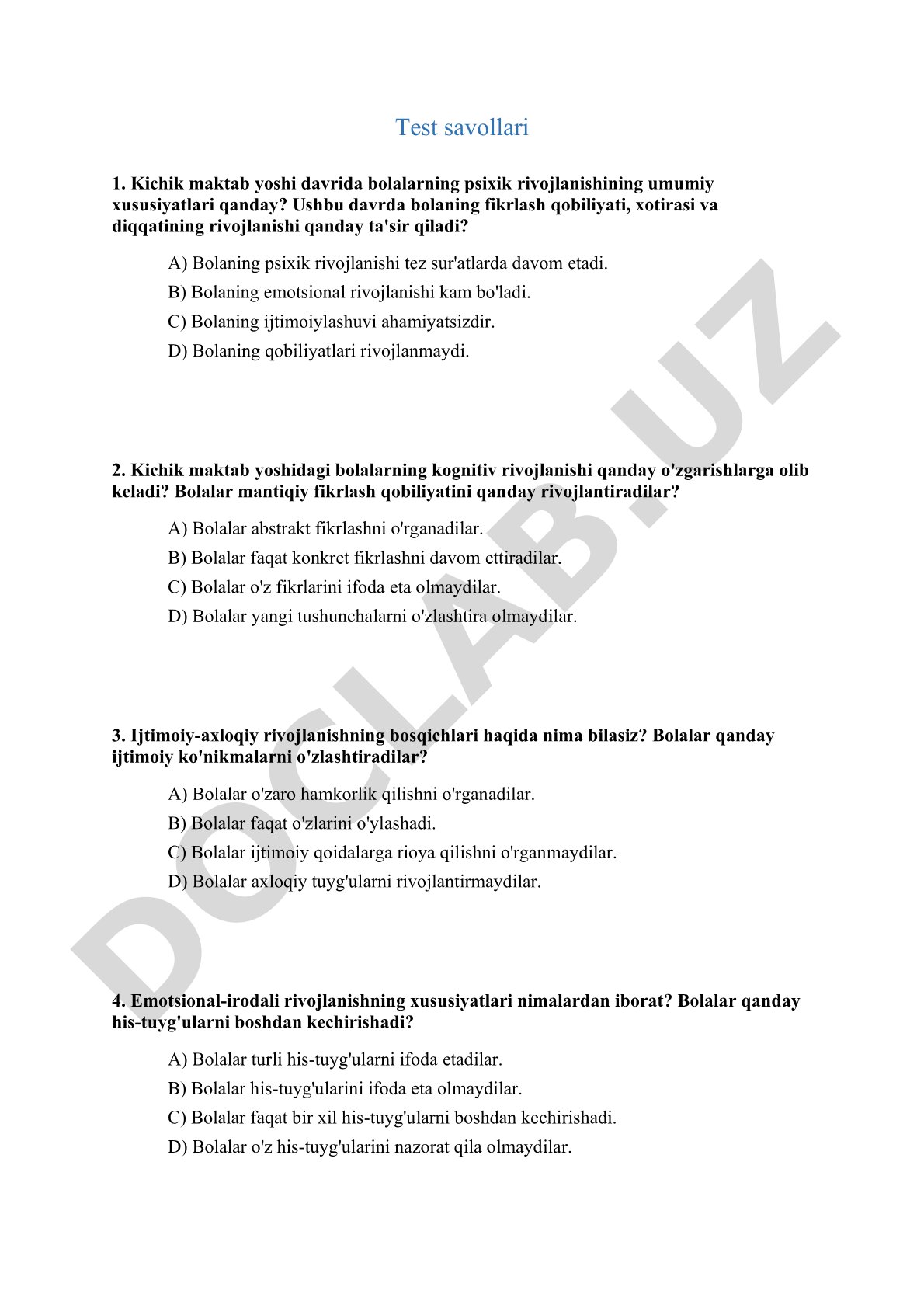 Kichik maktab yoshidagi bolalarning psixik rivojlanishi